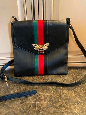 Queen Bee Black Soft Vegan Leather Flapover Crossbody Bag
